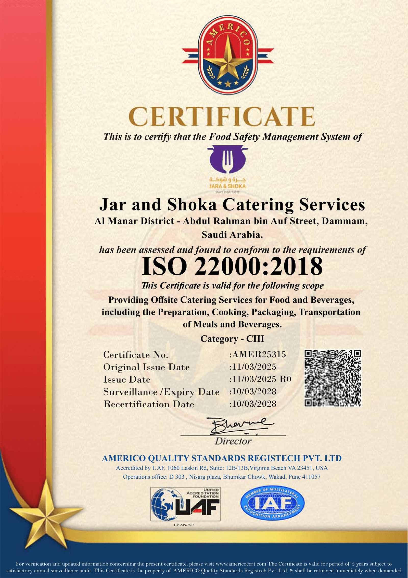 UAF Americo-ISO 22000-Jar and Shoka Catering Services-1