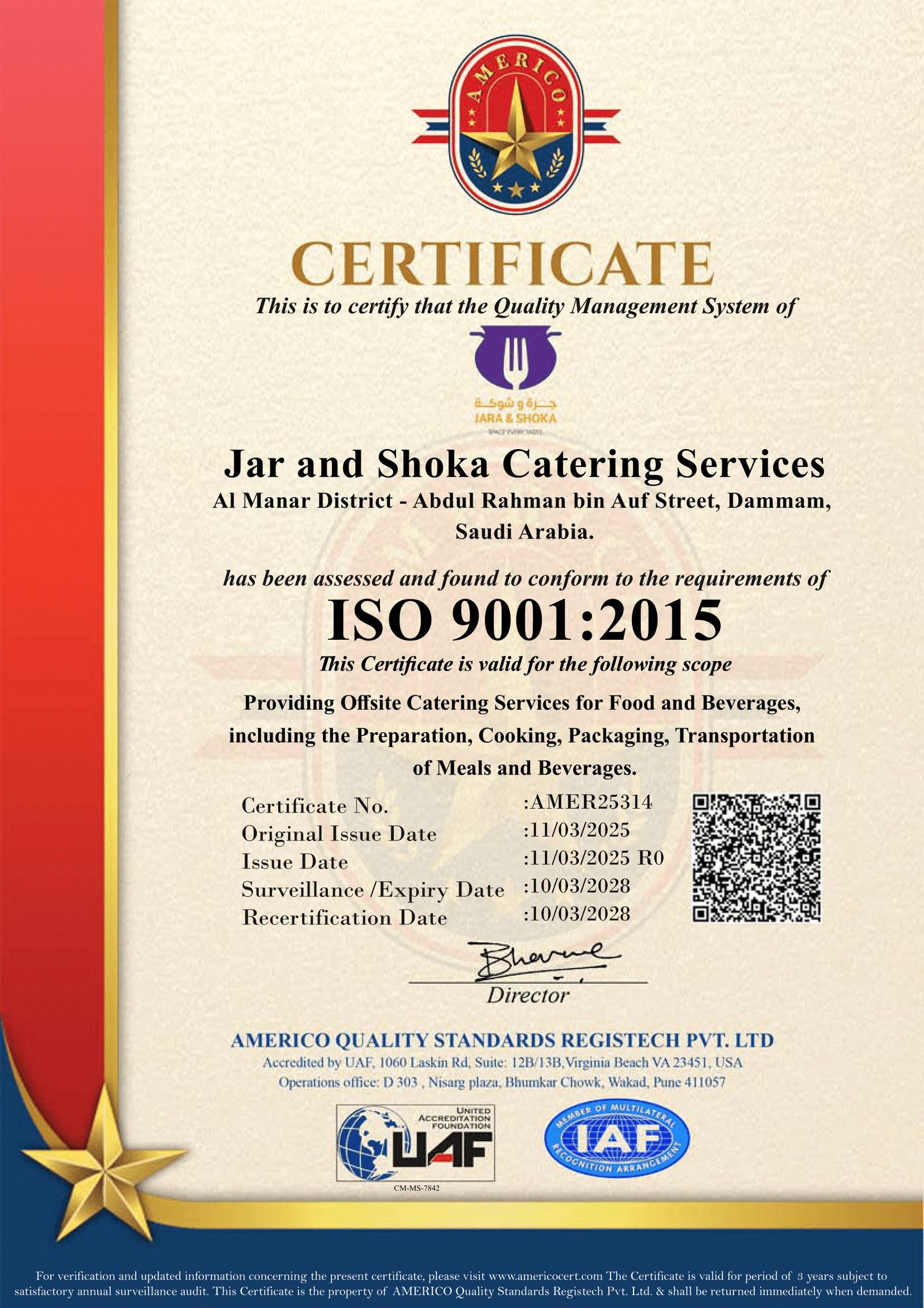 UAF Americo-ISO 9001-Jar and Shoka Catering Services-1